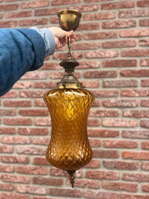 vintage amberkleurige hanglamp jaren 60/70 ananaslamp, Huis en Inrichting, Lampen | Wandlampen, Zo goed als nieuw, Glas, Ophalen