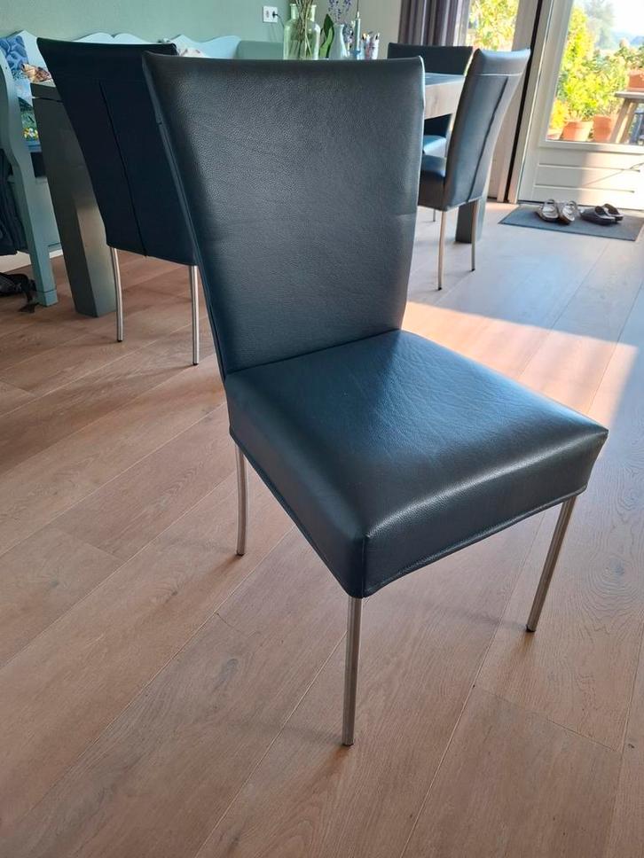 Blauwe leren eetkamerstoelen 6 stuks, Huis en Inrichting, Stoelen, Gebruikt, Vijf, Zes of meer stoelen, Blauw, Ophalen