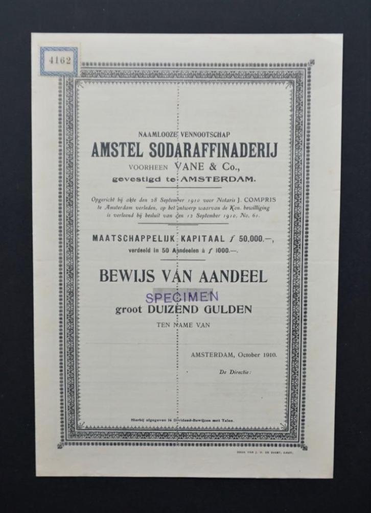 Amstel Sodaraffinaderij v/h Vane & Co. Amsterdam 1910, Postzegels en Munten, Aandelen en Waardepapieren, Aandeel, Voor 1920, Verzenden