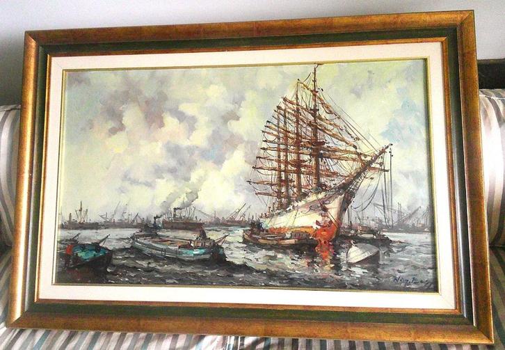 4-master in Rotterdamse haven ca. 1960 - Wim Bos 1906-1974, Antiek en Kunst, Kunst | Schilderijen | Klassiek, Ophalen