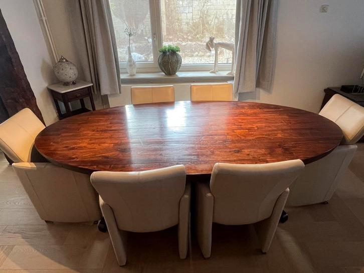 Kersen houten tafel met leren stoelen, Huis en Inrichting, Complete eetkamers, Gebruikt, 4 tot 6 stoelen, Ophalen