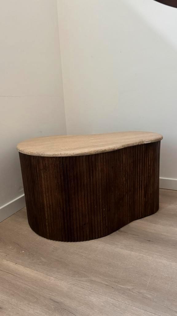 Japandi Travertin Salontafel Walnoothout, Huis en Inrichting, Tafels | Salontafels, Zo goed als nieuw, Minder dan 50 cm, 50 tot 100 cm