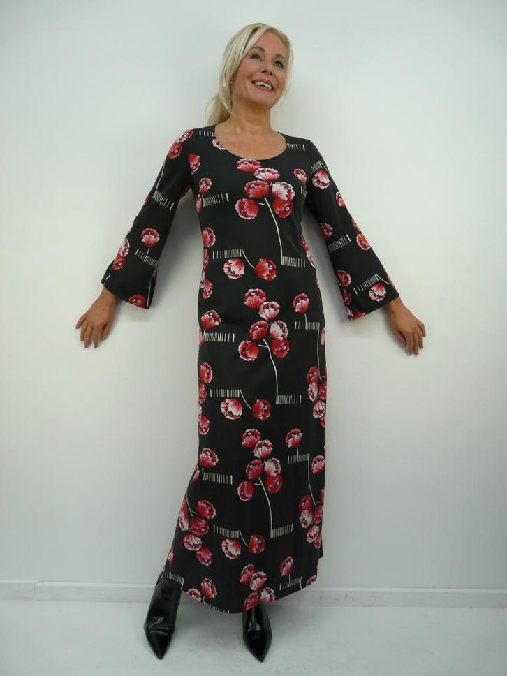 *Abfab Vintage Zwarte Lange 70's Jurk met Bloemen 38*, Kleding | Dames, Jurken, Zo goed als nieuw, Maat 38/40 (M), Zwart, Onder de knie