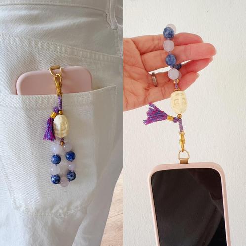 Telefoonhanger met edelstenen & handgesneden olifantje, Sieraden, Tassen en Uiterlijk, Kettingen, Nieuw, Steen of Mineraal, Blauw