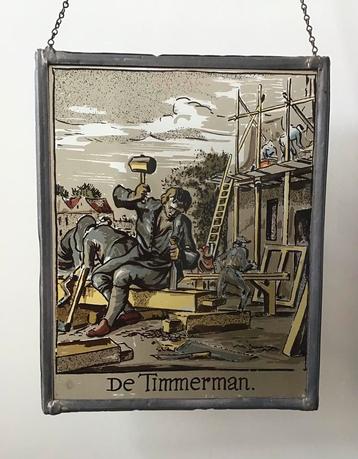 Glas in lood raamhanger “De Timmerman“  26x21 cm beschikbaar voor biedingen