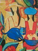 Vrouw blauwe kat picasso look modern art kunst canvas wandde, Antiek en Kunst, Kunst | Schilderijen | Modern, Ophalen of Verzenden