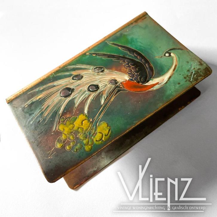 Vintage, brocante koperen luciferdoosjeshouder emaille pauw, Antiek en Kunst, Curiosa en Brocante, Ophalen of Verzenden