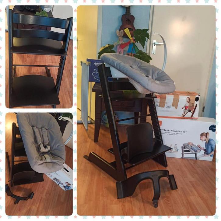 Zwarte kinderstoel tripp trapp stokke met accesoires, Kinderen en Baby's, Kinderstoelen, Gebruikt, Meegroeistoel, Stoelverkleiner