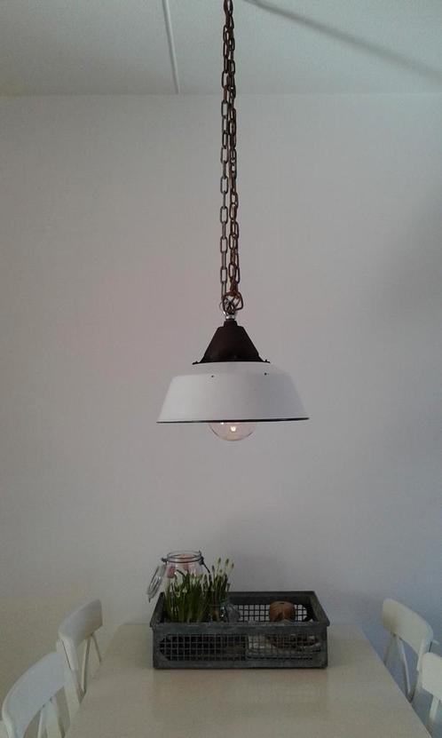 Industriële oude brocante wit emaille lamp fabriekslamp glas, Huis en Inrichting, Lampen | Hanglampen, Zo goed als nieuw, Minder dan 50 cm