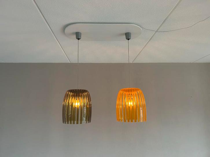 Moderne eetkamerlamp met houten plafondplaat, Huis en Inrichting, Lampen | Hanglampen, Zo goed als nieuw, Minder dan 50 cm, Hout