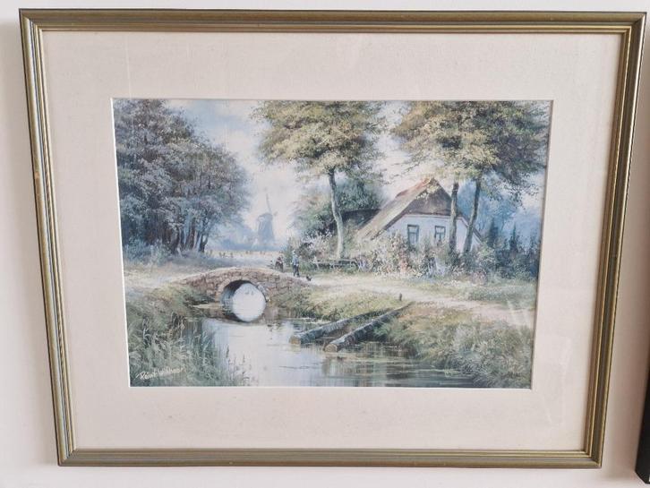Fascimile Bruggetje over rivier waarop enkele figuren SCH41, Antiek en Kunst, Kunst | Schilderijen | Klassiek, Ophalen of Verzenden