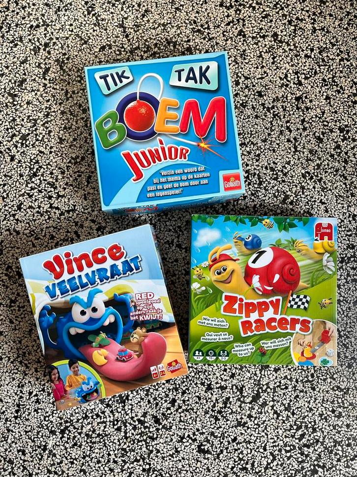 3 spellen Tik tak boem junior, Vince veelvraat, Zippy racers, Hobby en Vrije tijd, Gezelschapsspellen | Bordspellen, Zo goed als nieuw