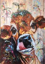 Vrolijke kalfje- Katoenen canvasdoek- Mixed Media-100x70cm, Ophalen of Verzenden, Nieuw