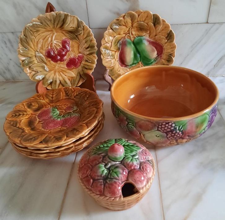 Sarreguemines Barbotine Fruit - Dessertservies, Antiek en Kunst, Antiek | Keramiek en Aardewerk, Ophalen of Verzenden