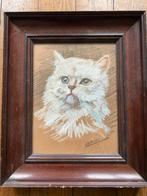 Pasteltekening Witte Poes, HJE Mulder, Ingelijst, Antiek en Kunst, Ophalen of Verzenden