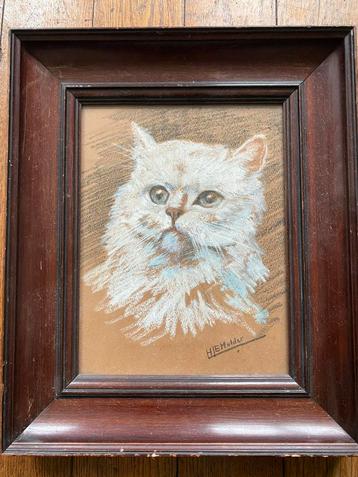 Pasteltekening Witte Poes, HJE Mulder, Ingelijst beschikbaar voor biedingen