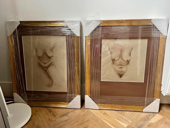 Ida van Mourik Houtskool Tekeningen Ingelijst (2), Antiek en Kunst, Kunst | Tekeningen en Foto's, Verzenden
