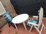 2 verstelbare tuinstoelen met kussens en ronde tafel, Tuin en Terras, Tuinsets en Loungesets, Ophalen, Gebruikt, Kunststof
