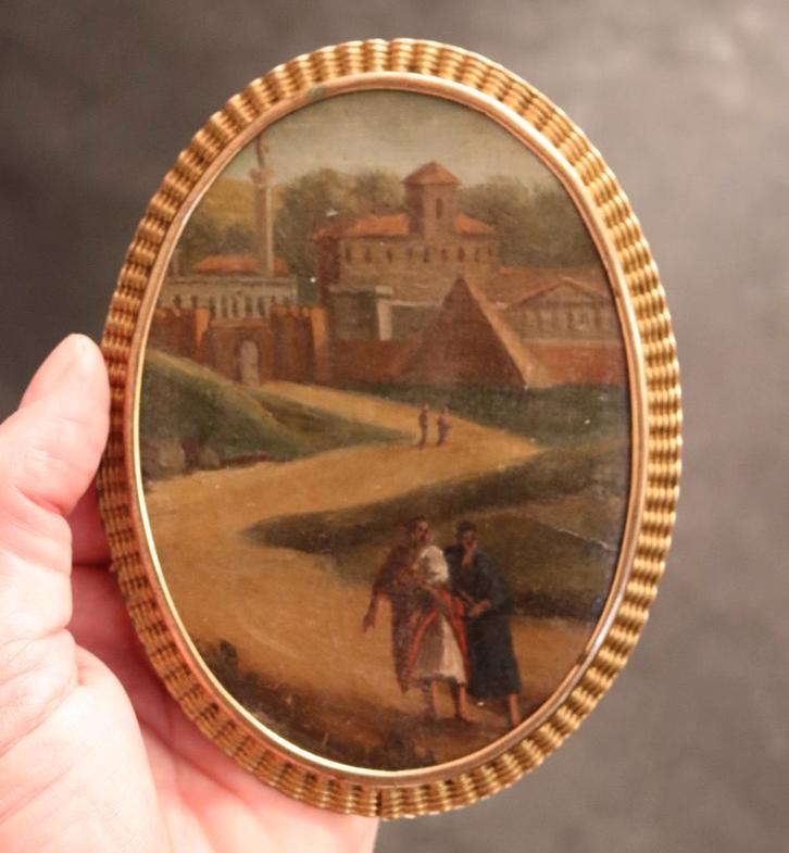 Antiek bronzen lijstje met schilderij, Antiek en Kunst, Kunst | Schilderijen | Klassiek, Ophalen of Verzenden