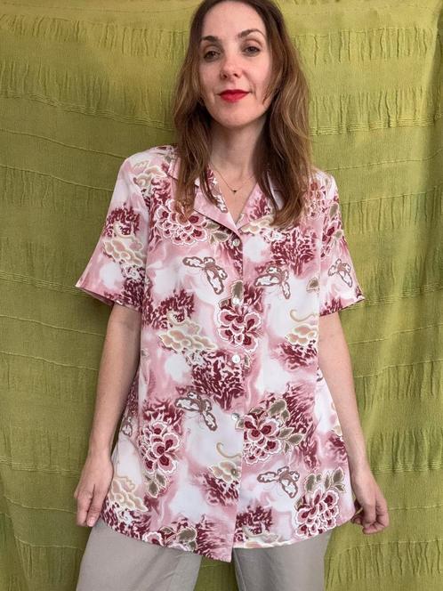 Vintage blouse, maat 42/XL - bloemen & vlinders - 90's, Kleding | Dames, Blouses en Tunieken, Gedragen, Maat 42/44 (L), Roze, Ophalen of Verzenden