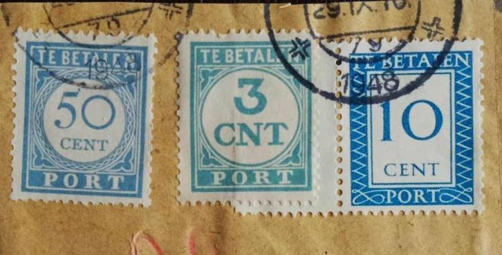 Nederland 1948 Fragment met 3 Portzegels uit 3 periodes, Postzegels en Munten, Postzegels | Nederland, Gestempeld, Na 1940, Ophalen of Verzenden