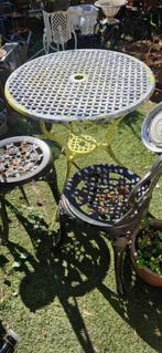Stijlvol aluminium bistrosetje met bloemenpatroon (brocante), Tuin en Terras, Tuinsets en Loungesets, Gebruikt, Bijzettafel, Aluminium