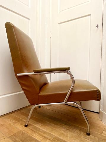 Vintage Mid-Century 50s/60s buisframe fauteuil, bruine skai beschikbaar voor biedingen