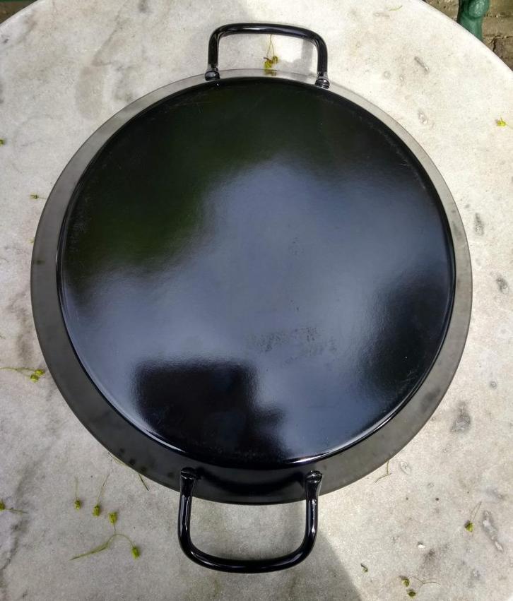 Paella pan 32 cm - 2-3 pers. plaatstaal geemailleerd, Huis en Inrichting, Keuken | Potten en Pannen, Zo goed als nieuw, Kookpan of Snelkookpan