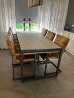 Industriële eettafel met 6 leren stoelen, Ophalen, 50 tot 100 cm, Zo goed als nieuw, Vijf personen of meer