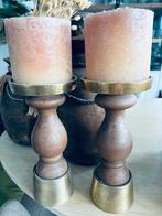 Houten kaarsenstandaards met messing - Set van 2, Gebruikt, Bruin, Ophalen of Verzenden, Hout