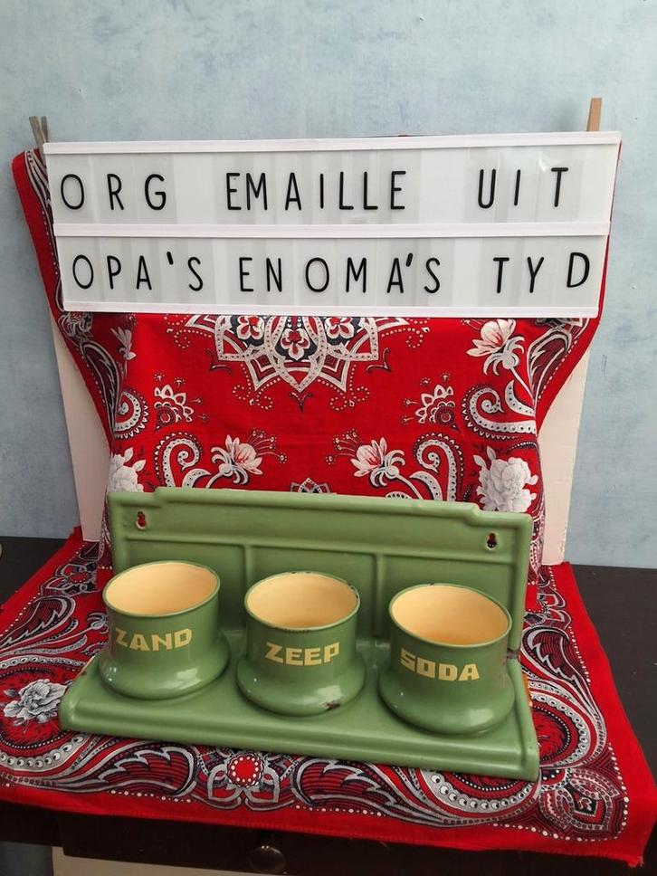 Emaille ZAND-ZEEP-SODA én méér uit opa's&oma's tijd 3 foto's, Antiek en Kunst, Antiek | Emaille, Ophalen of Verzenden
