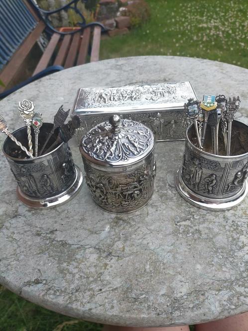 Douwe Egberts verzilverde theebus, lepel vaasjes, lepeldoos, Antiek en Kunst, Antiek | Bestek, Ophalen of Verzenden