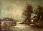 Leuk schilderij boerderij aan het water., Antiek en Kunst, Ophalen of Verzenden
