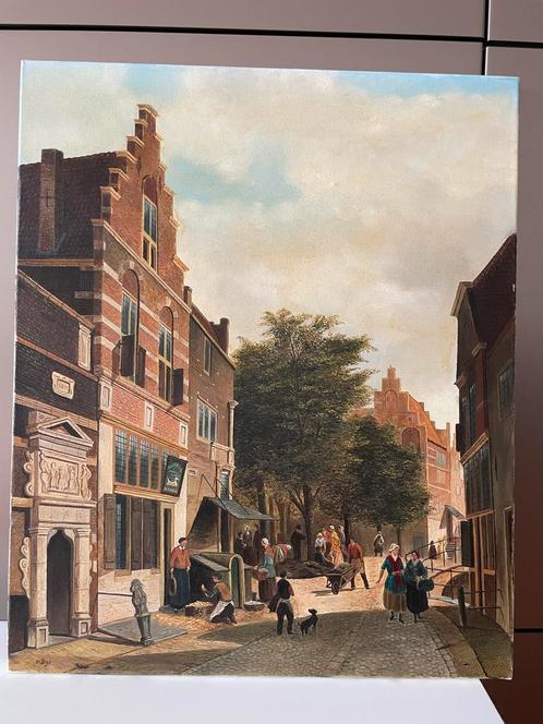 Klassiek Schilderij Straatscène V. Dyk 60x50cm Ingelijst, Antiek en Kunst, Kunst | Schilderijen | Klassiek, Ophalen