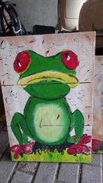 Geverfde kikkers op steigerhout - Oetels, Huis en Inrichting, Ophalen of Verzenden, Minder dan 50 cm, Schilderij, Minder dan 50 cm