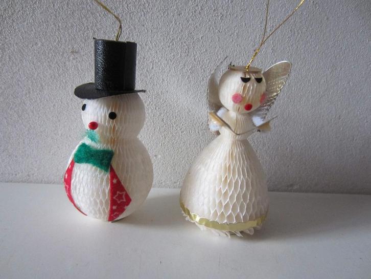 vintage kerst 2 honeycomb kersthangers sneeuwman en engeltje, Diversen, Kerst, Gebruikt, Ophalen of Verzenden