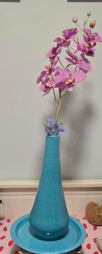 Blauwe siervaas met onderbord, Ophalen, Blauw, Aardewerk of Porselein, Zo goed als nieuw