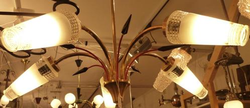 Vrolijk retro lampje jaren 50/60 met 5 kappen., Huis en Inrichting, Lampen | Hanglampen, Zo goed als nieuw, Minder dan 50 cm, Glas