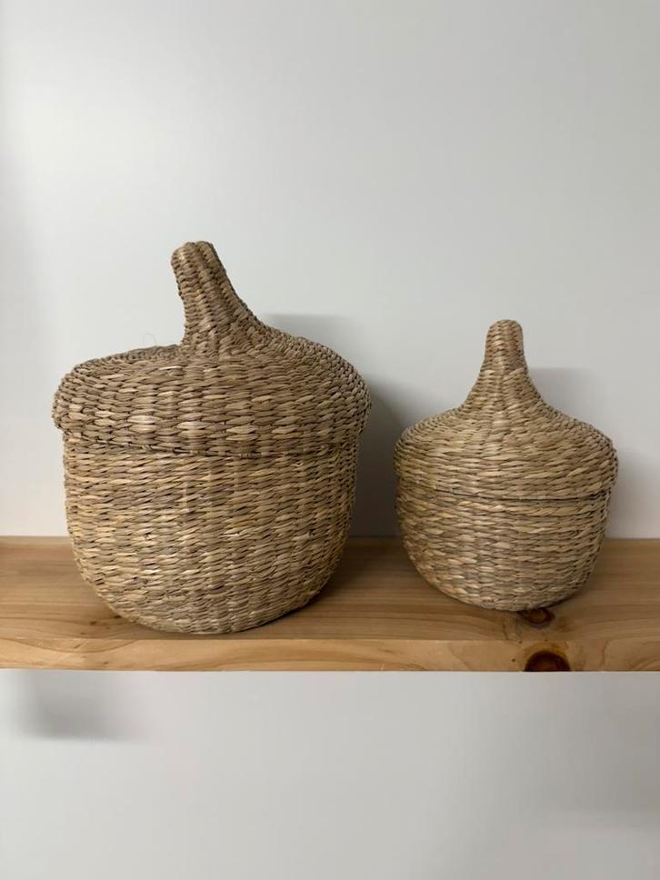 NIEUW!! 2 rieten opberg mandjes met deksel, Huis en Inrichting, Woonaccessoires | Schalen en Manden, Nieuw, Rond, Riet, Ophalen of Verzenden