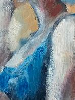 Gouache olieverf op papier vrouw in blauwe jurk, Antiek en Kunst, Kunst | Tekeningen en Foto's, Verzenden