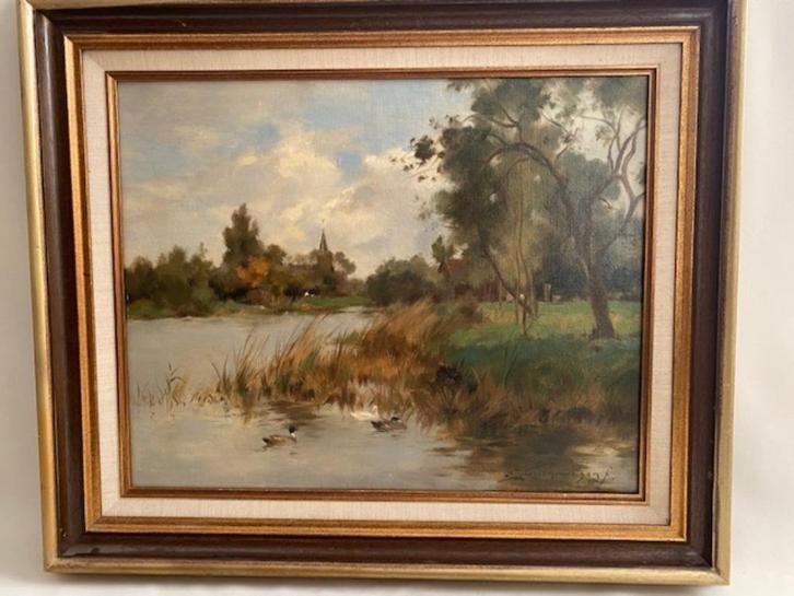 A J  Groenewegen - “Riviergezicht met eenden en kerktoren", Antiek en Kunst, Kunst | Schilderijen | Klassiek, Ophalen of Verzenden