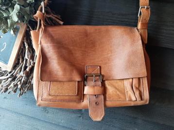 Mooie vintage leren boekentas schooltas leer cognac leder 