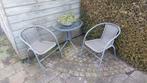 tuinmeubel, 2 stoelen en glazen tafeltje, Ophalen, Gebruikt, 2 zitplaatsen
