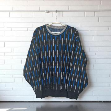 Vintage Trui Maat L Blauw Zwart Gebreid Streepjes Unisex beschikbaar voor biedingen