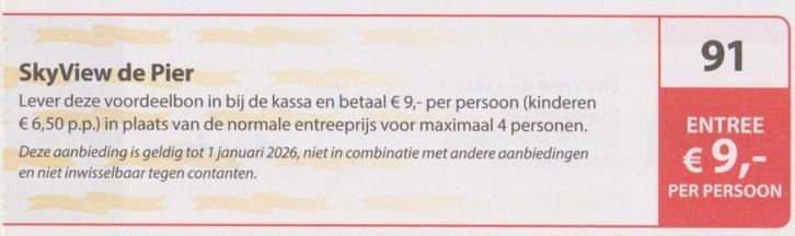 SkyView de Pier entree € 9,- p.p. Postcodeloterij bon nr 91., Tickets en Kaartjes, Recreatie | Pretparken en Attractieparken, Drie personen of meer