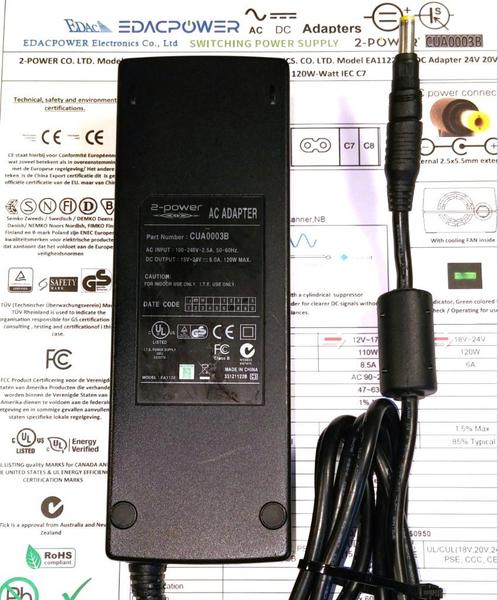 2-Power EDAC EA1122 19.5V 8A 20V 6A 24V 120W Adapter 2.5x5.5, Computers en Software, Laptop-opladers, Refurbished, Ophalen of Verzenden