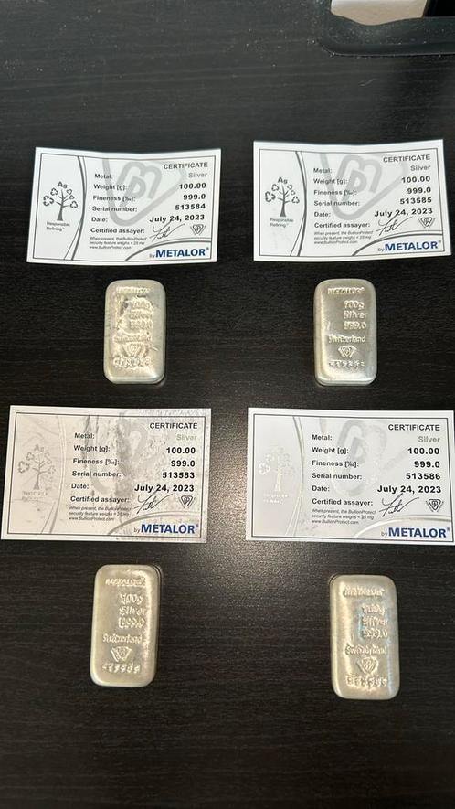 Zilverbaar Metalor 400 gram (4 x 100g) - Certificaat, Postzegels en Munten, Edelmetalen en Baren, Zilver, Ophalen of Verzenden