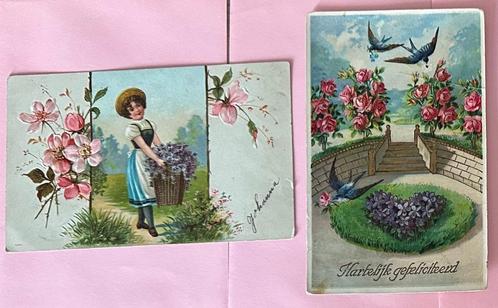 0069 ~ 2 kaarten meisje bloemen en vogels met reliëf, Verzamelen, Ansichtkaarten | Themakaarten, Overige thema's, Verzenden