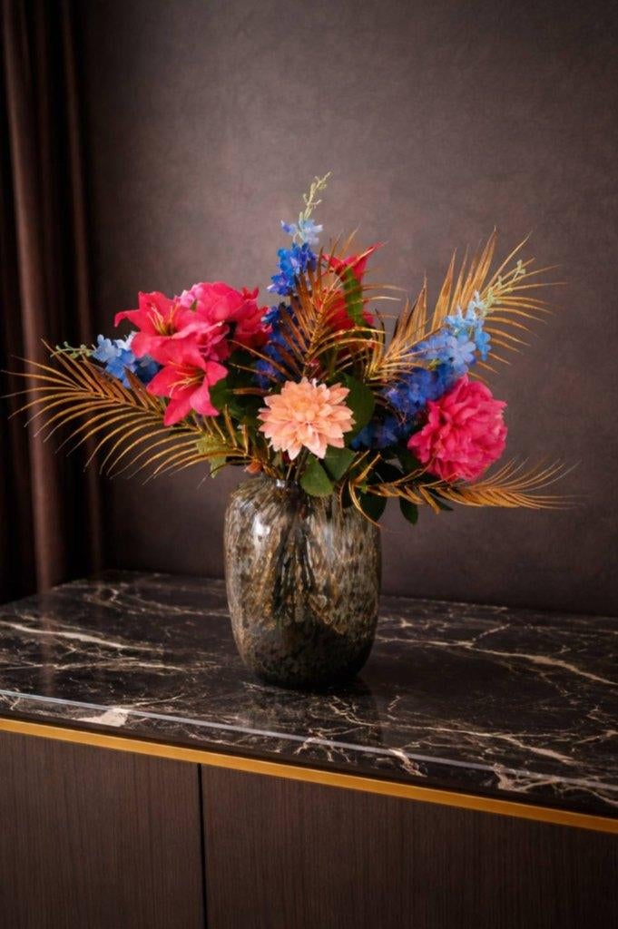 Chique panterprint vaas roze gouden blauw boeket bloemen, Huis en Inrichting, Woonaccessoires | Vazen, Nieuw, Overige kleuren