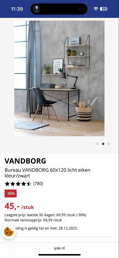 Bureau VANDBORG (JYSK) licht eiken/zwart - z.g.a.n., Huis en Inrichting, Bureaus, Zo goed als nieuw, Bureau, Ophalen of Verzenden